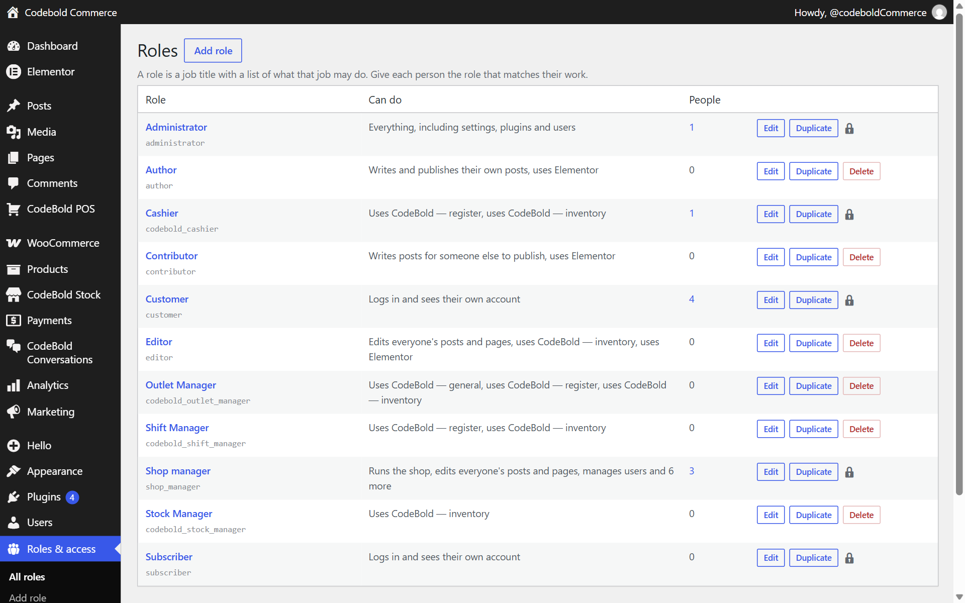 The Roles & access screen in WordPress: each role with what it can do, how many people have it, and Edit, Duplicate and Delete buttons.