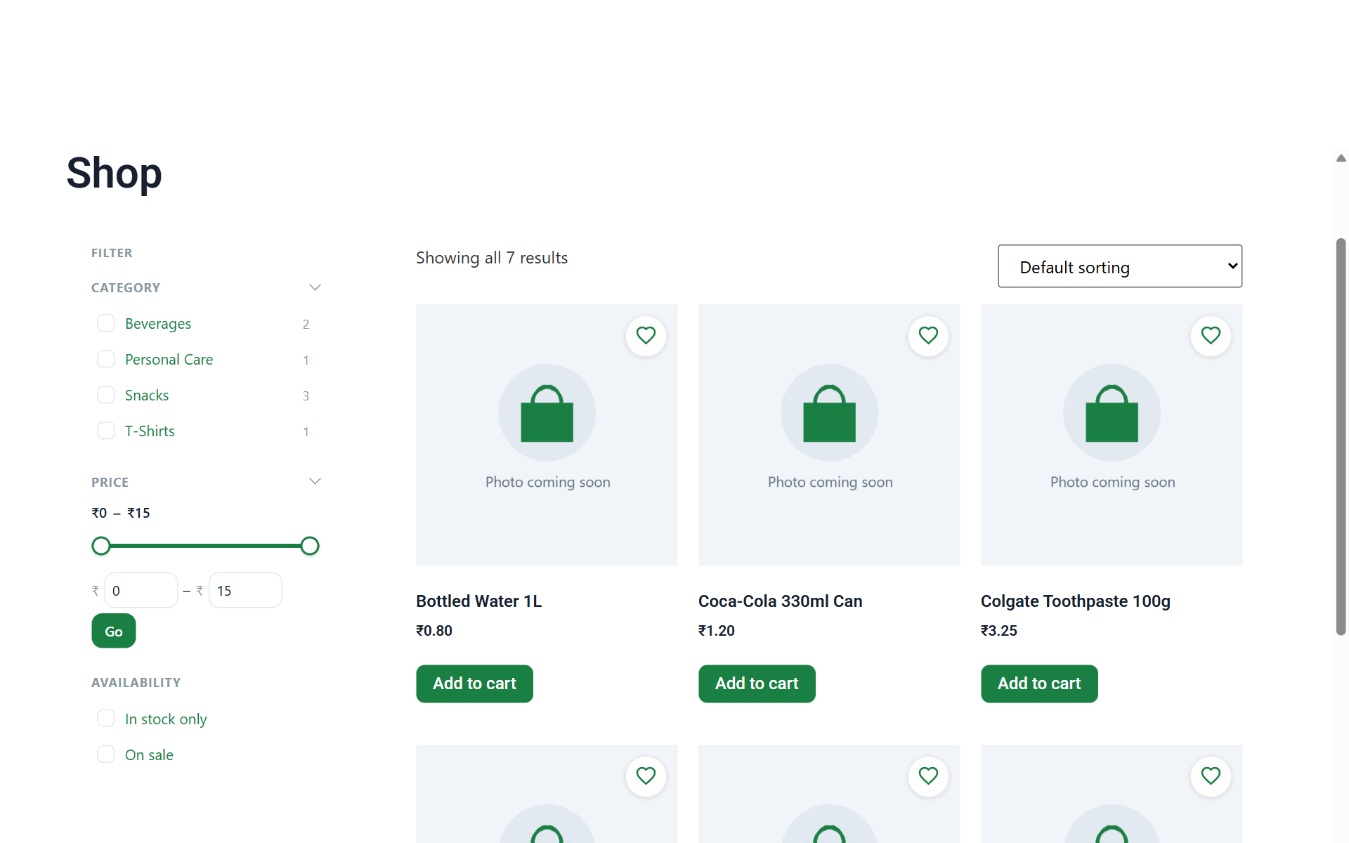 A WooCommerce shop page with the filter panel: category, price slider and availability, beside the product grid.