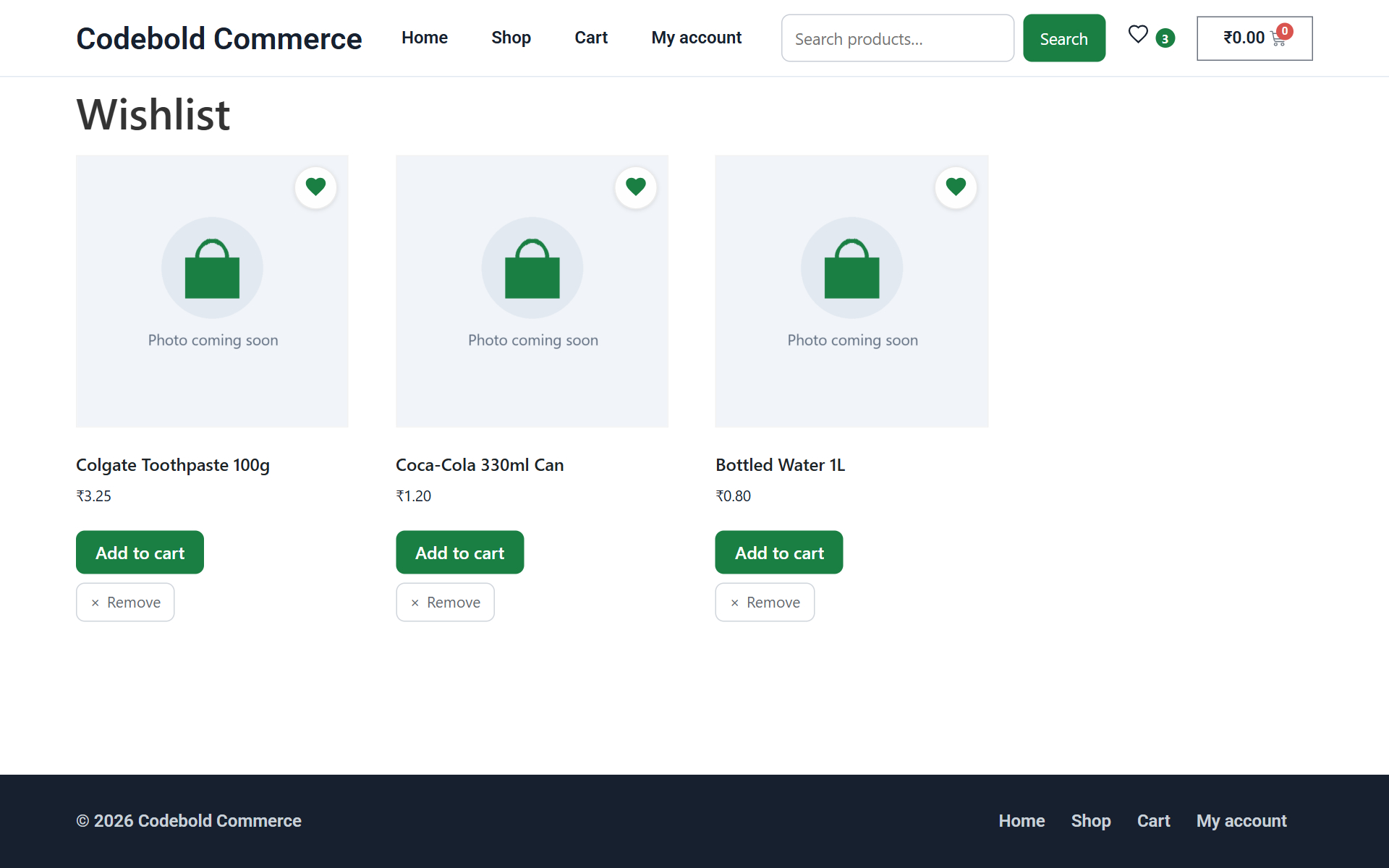 A shop wishlist page: saved products in the shop grid, each with Add to cart and Remove.